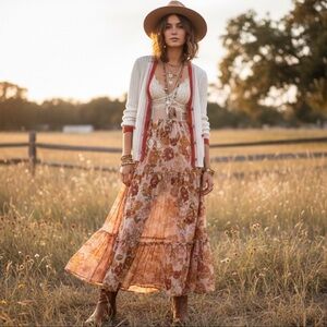 LOFT Ribbed V-Neck Cardigan Cream Pink Red/Orange Colorblock Trim Size Medium